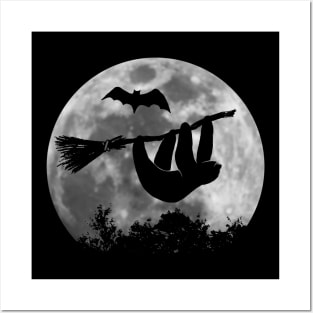 Sloth Silhouette On Broom | Full Moon Halloween Witch Posters and Art